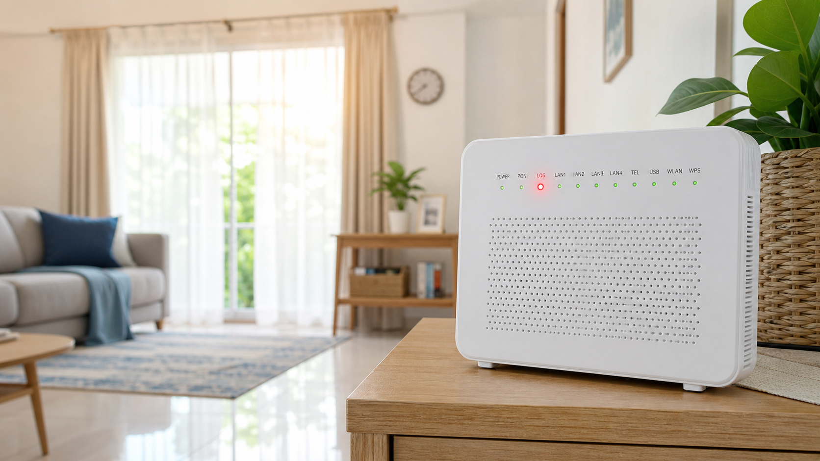Router fibre di ruang tamu cerah dengan lampu LOS merah menyala